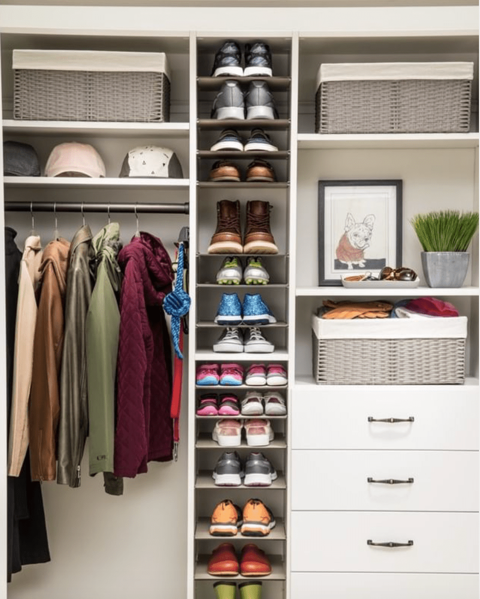 zapatos organizados en un estante de armario largo y estrecho